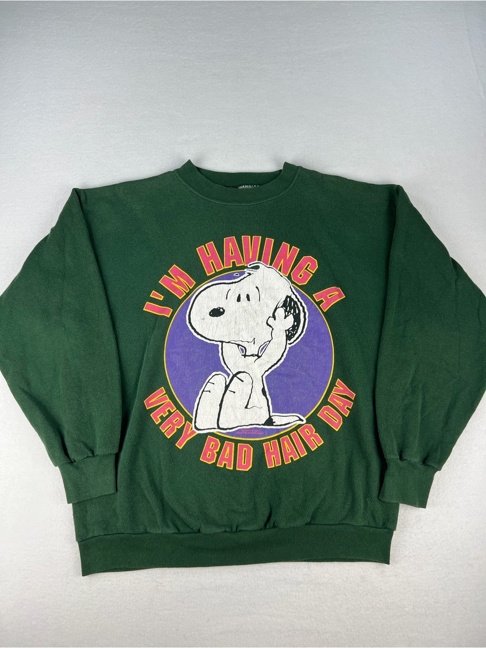 Vintage 50s Peanuts Snoopy “Bad Hair Day” Green Crewneck Sweatshirt Size L